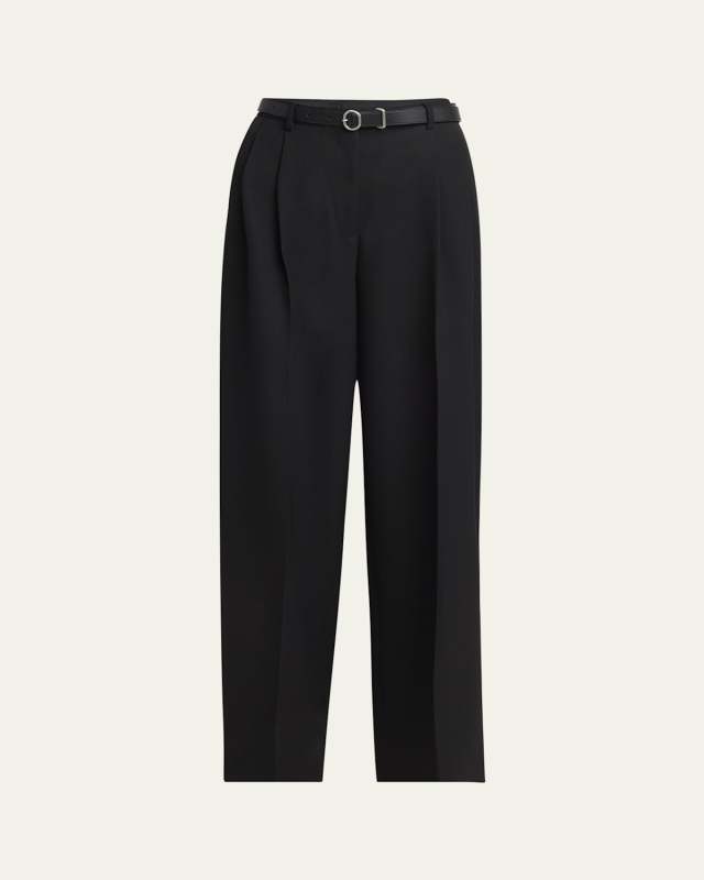 Long Pleated Wide Leg Wool Pants